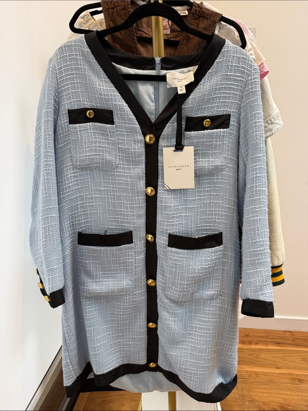 NWT Tuckernuck Pomander Place Light Blue Tweed Blazer Coat with Black Trim.
